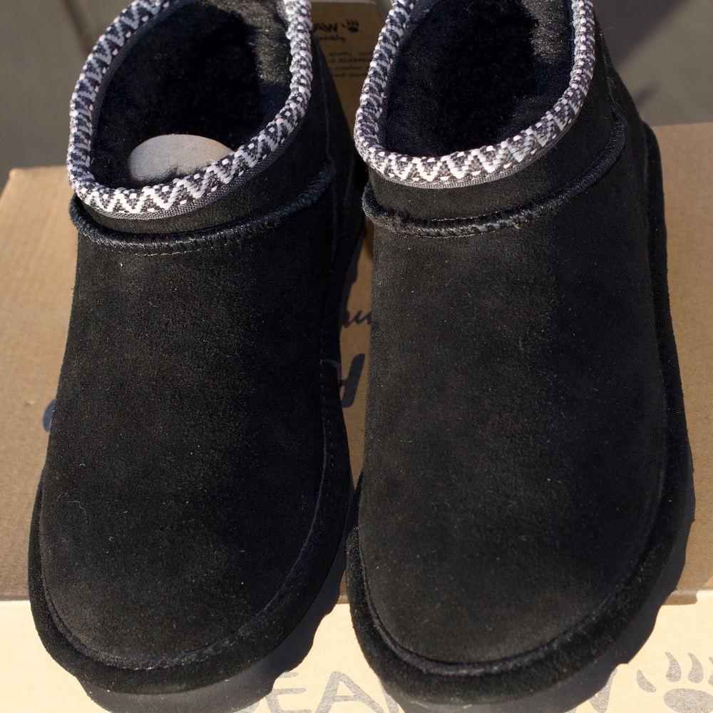 BearPaw Super Shorty Deco Size 7 Black Leather/Suede Boots NEW